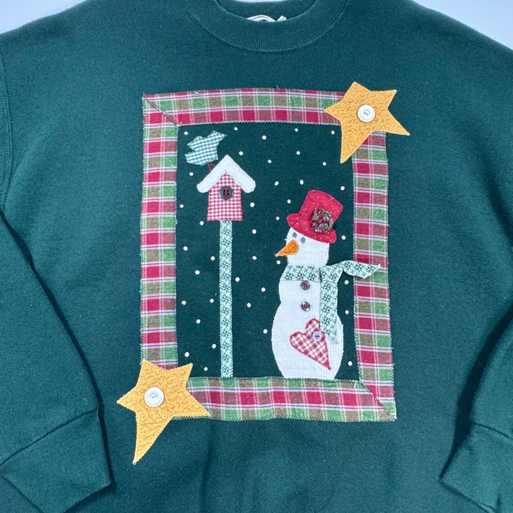 Vintage Fruit of the Loom Snowman Christmas Sweatshirt Green Large Made in USA - Picture 5 of 10
